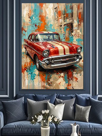 Kırmızı Klasik Araba Pop Art Dekoratif Kanvas - Mdf Ahşap Tablo