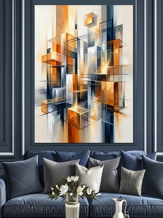 Turuncu Mavi Modern Geometrik Küp Dekoratif Kanvas - Mdf Ahşap Tablo