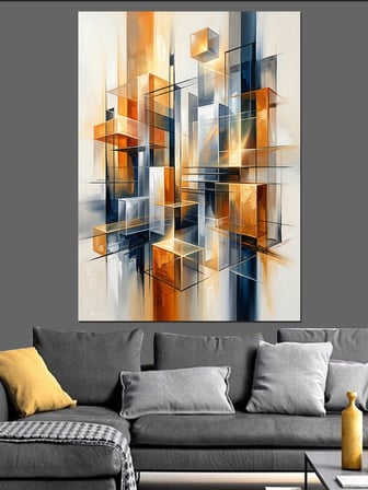 Turuncu Mavi Modern Geometrik Küp Dekoratif Kanvas - Mdf Ahşap Tablo