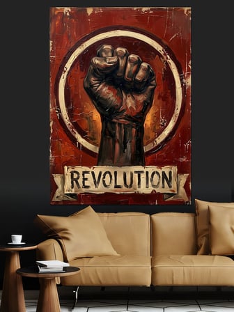 Revolution Yumruk Ve Alev Dekoratif Kanvas - Mdf Ahşap Tablo