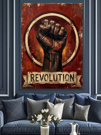 Revolution Yumruk Ve Alev Dekoratif Kanvas - Mdf Ahşap Tablo