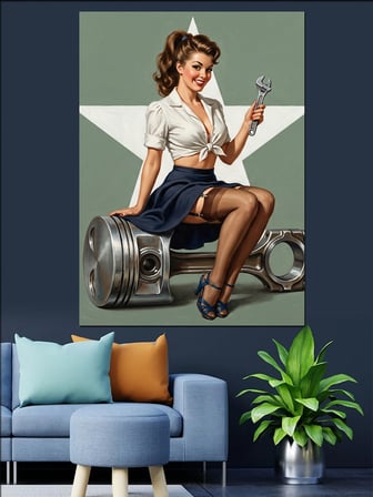 Piston Üzerinde Pin-Up Tamirci Dekoratif Kanvas - Mdf Ahşap Tablo