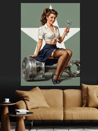 Piston Üzerinde Pin-Up Tamirci Dekoratif Kanvas - Mdf Ahşap Tablo