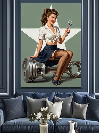 Piston Üzerinde Pin-Up Tamirci Dekoratif Kanvas - Mdf Ahşap Tablo