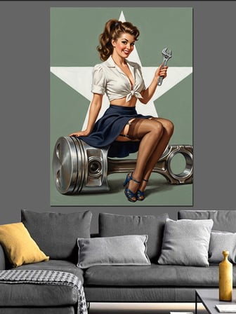 Piston Üzerinde Pin-Up Tamirci Dekoratif Kanvas - Mdf Ahşap Tablo