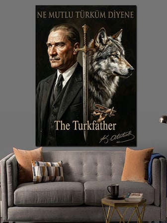Kılıç Ve Kurt İle Atatürk Dekoratif Kanvas - Mdf Ahşap Tablo