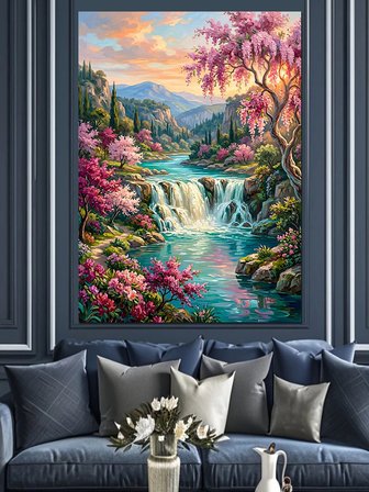 Pembe Çiçekli Şelale Ve Nehir Dekoratif Kanvas - Mdf Ahşap Tablo