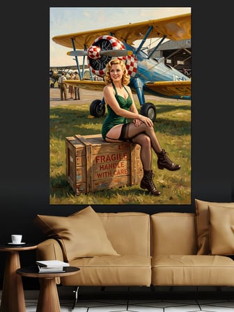 Uçak Kasası Ve Pin-Up Sarışın Dekoratif Kanvas - Mdf Ahşap Tablo