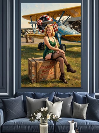 Uçak Kasası Ve Pin-Up Sarışın Dekoratif Kanvas - Mdf Ahşap Tablo
