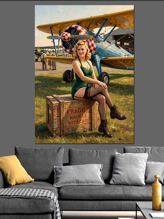 Uçak Kasası Ve Pin-Up Sarışın Dekoratif Kanvas - Mdf Ahşap Tablo