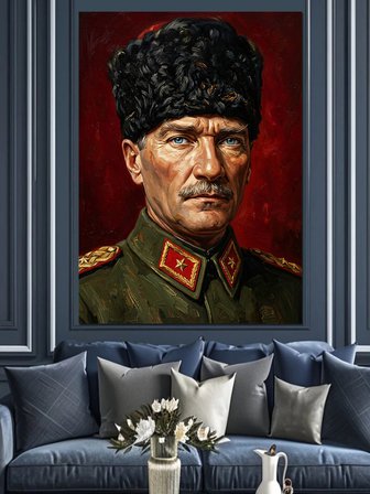 Kalpaklı Atatürk Asker Portresi Dekoratif Kanvas - Mdf Ahşap Tablo