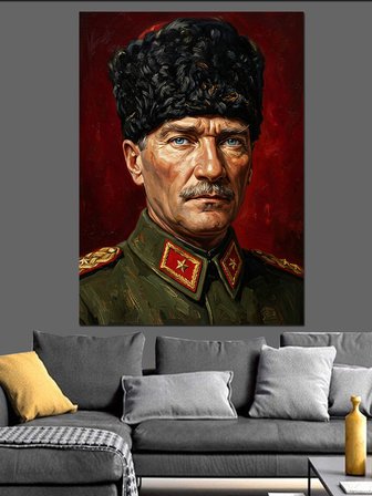Kalpaklı Atatürk Asker Portresi Dekoratif Kanvas - Mdf Ahşap Tablo