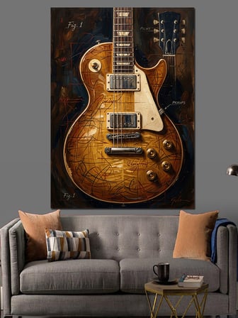 Vintage Gitar Ve Teknik Çizim Dekoratif Kanvas - Mdf Ahşap Tablo