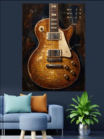 Vintage Gitar Ve Teknik Çizim Dekoratif Kanvas - Mdf Ahşap Tablo