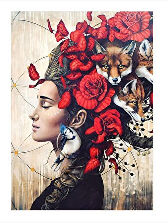 Tilkiler Ve Kadın Modern Ahşap Tablo 35cm X50cm
