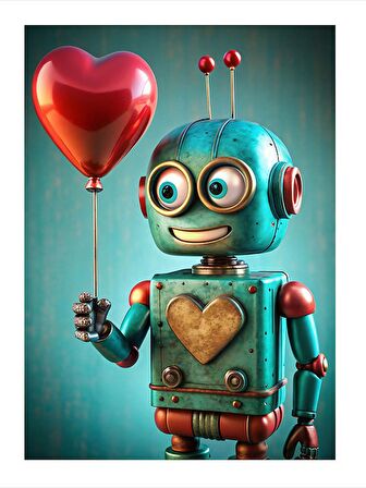 Kalpli Balon Tutan Sevimli Robot Dekoratif ahşap Tablo 50cmX 70cm