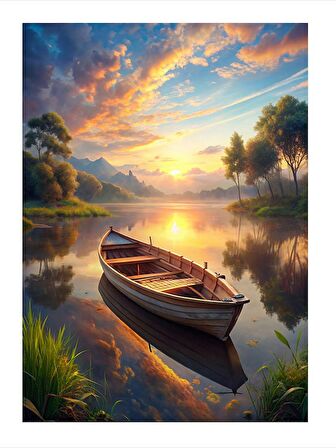 Gün Batımındaki Göl Ve Sandal Art Mdf Poster 50cmX 70cm