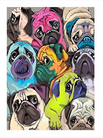 Sevimli Pug Köpekler Tasarım Ahşap Tablo 50cmX 70cm