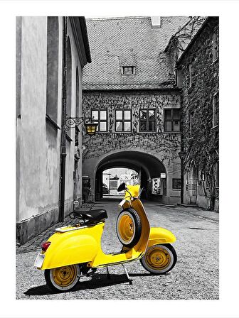 Sarı Vespa Scooter Model Ahşap Tablo 50cmX 70cm