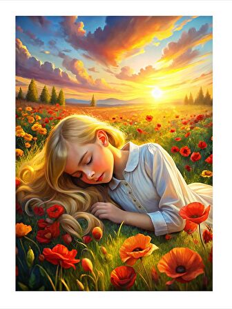 Çiçeklere Yatan Kız Mdf poster 35cm X50cm