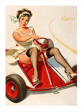 Karting  Kullanan Pin Up Kızı Dekoratif Mdf Tablo 18cm X 27cm