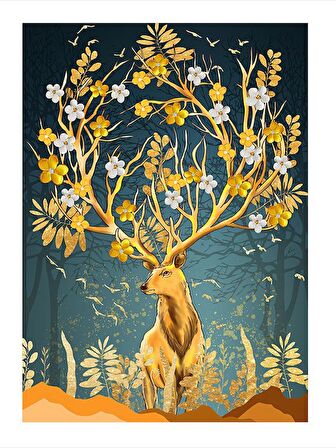 Boynuzları Çiçekli Geyik Art Mdf Poster 18cm X 27cm