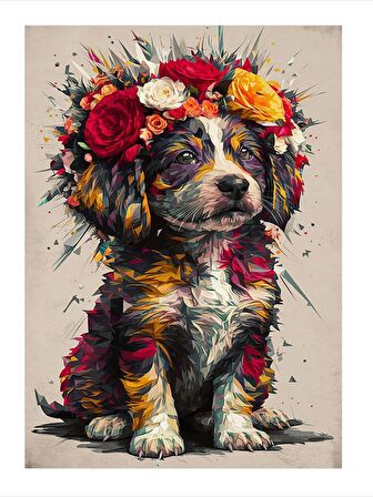 Renkli Çiçekler Ve Yavru Köpek Mdf poster 25cmX 35cm