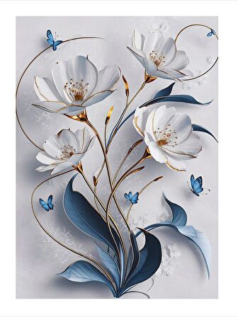 Beyaz Çiçekler Mavi Kelebekler Modern Ahşap Tablo 50cmX 70cm