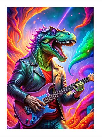 Elektro Gitar Çalan Gözlüklü Dinozor Mdf Tablo 18cm X 27cm