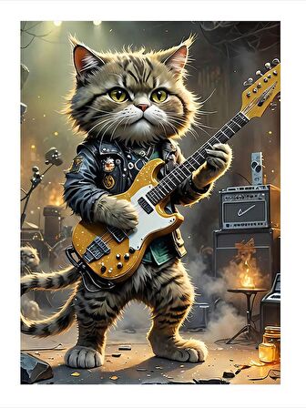 Elektro Gitar Çalan Kedi Mdf poster 18cm X 27cm