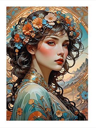 Çiçeklerden Taç Yapmış Kız Dekoratif Mdf Tablo 35cm X50cm