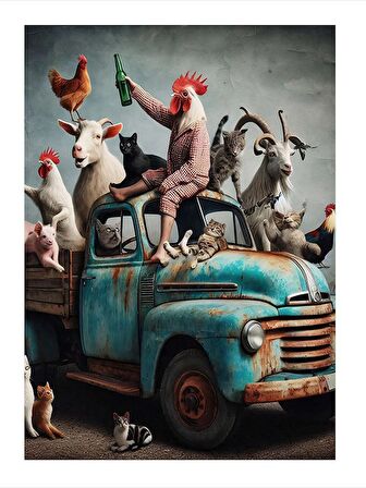 Sevimli Hayvanlar Ve Pikap Mdf poster 35cm X50cm