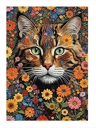 Kedi Ve Çiçekler Model Ahşap Tablo 50cmX 70cm