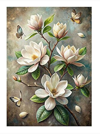 Beyaz Çiçekler Ve Kelebekler Art Mdf Tablo 50cmX 70cm