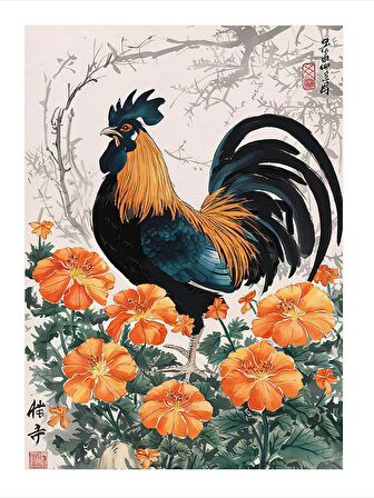 Turuncu Çiçekler Ve Horoz Mdf poster 18cm X 27cm