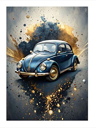 Mavi Klasik Kaplumbağa Araba Model Ahşap Tablo 35cm X50cm