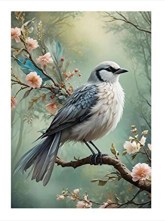 Çiçek Açmış Ağaç Ve Kuş Art Mdf Poster 35cm X50cm