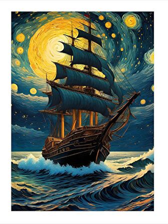Van Gogh Tarzında Yelkenli Gemi Modern Mdf Tablo 35cm X50cm
