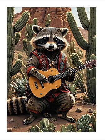 Akustik Gitar Çalan Rakun Desenli Mdf Tablo 50cmX 70cm