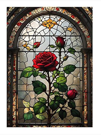 Vitray Şeklinde Kırmızı Güller Dekoratif ahşap Tablo 35cm X50cm