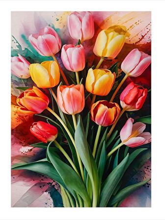 Renkli Çiçekler Model Ahşap Tablo 50cmX 70cm