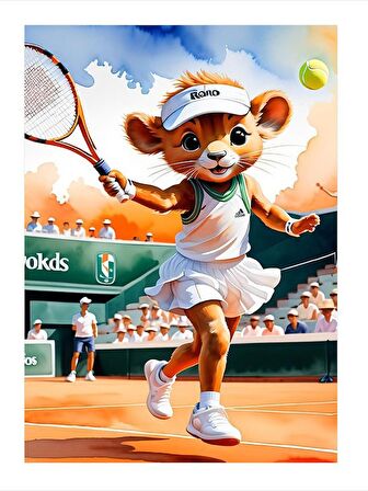 Tenis Oynayan Sevimli Aslan Art Mdf Tablo 18cm X 27cm