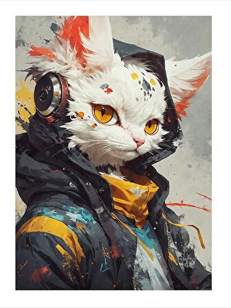 Müzik Dinleyen Beyaz Kedi Desenli Ahşap Tablo 18cm X 27cm