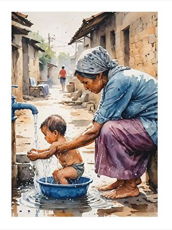 Çocuğunu Yıkayan Anne Art Mdf Tablo 25cmX 35cm