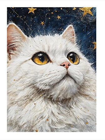 Beyaz Kedi Ve Yıldızlar Model Ahşap Tablo 18cm X 27cm