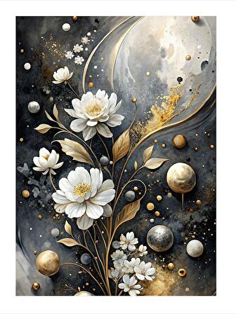 Soyut Beyaz Çiçekler Ve Gezegenler Mdf poster 50cmX 70cm