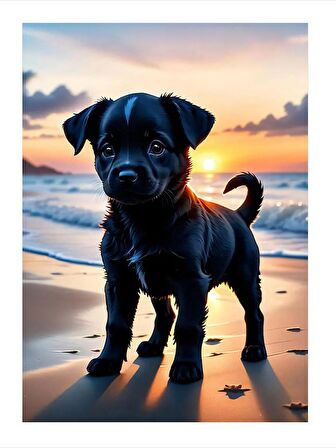 Siyah Yavru Köpek Modern Ahşap Tablo 50cmX 70cm