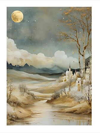 Beyaz Binalar Ve Ay Mdf poster 18cm X 27cm