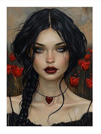 Kırmızı Çiçekler Ve Kız Hediyelik Mdf Tablo 35cm X50cm