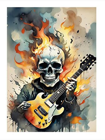 Elektro Gitar Çalan İskelet Dekoratif Mdf Tablo 18cm X 27cm